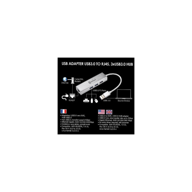 Adaptateur USB3 vers RJ45 GbE +HUB 3p USB3.0 ALU