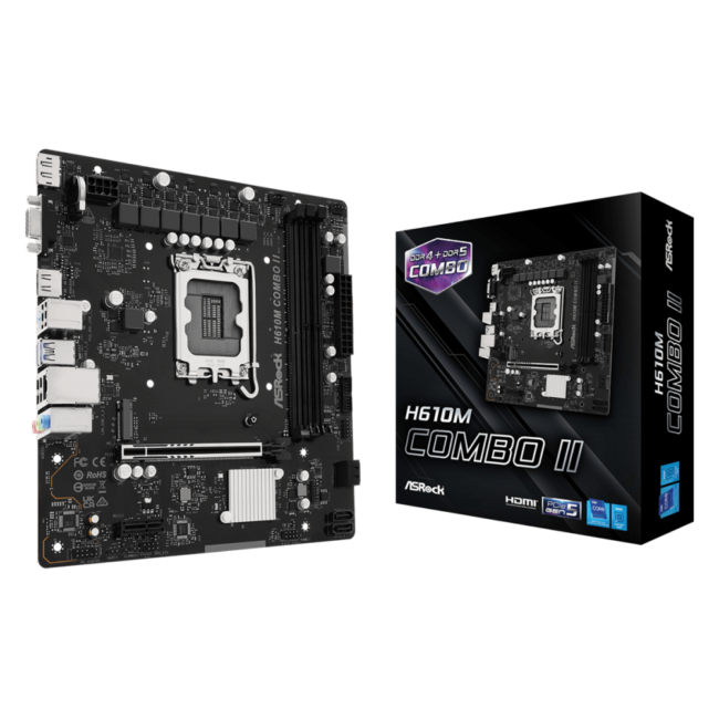 ASRock H610M-Combo II - Carte mère MATX - Intel LGA 1700 - DDR5 + DDR4 - M.2 - HDMI - DVI - DP