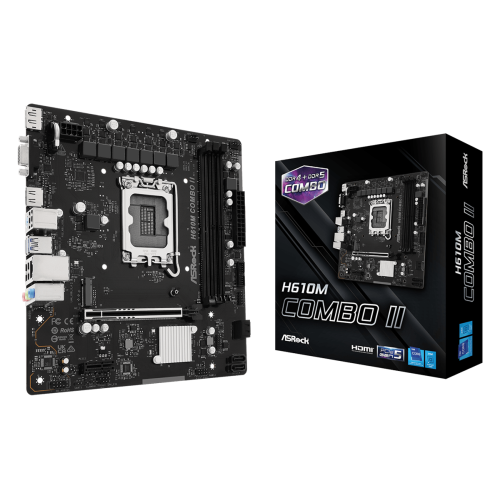 ASRock H610M-Combo II - Carte mère MATX - Intel LGA 1700 - DDR5 + DDR4 - M.2 - HDMI - DVI - DP